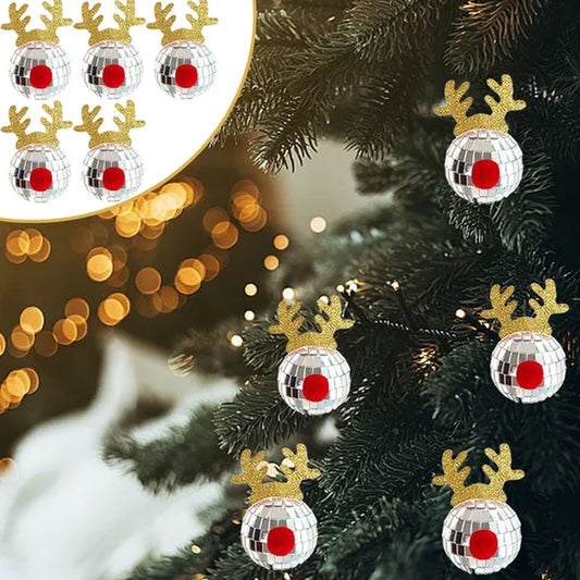 5PCS Disco Mirror Elk Horn Christmas Ball Silvery Xmas Tree Decoration Reflective Hanging Disco Balls Decor for Christmas Holiday Wedding Birthday Disco Party Ornament Supplies