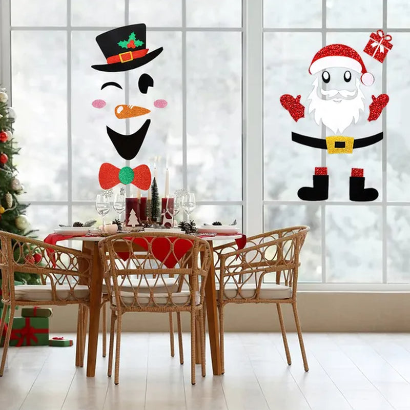 Christmas Door Stickers Self-Adhesive Snowman Santa Claus Felt Decals for Holiday Xmas Party DIY Door Window Refrigerator Decorations